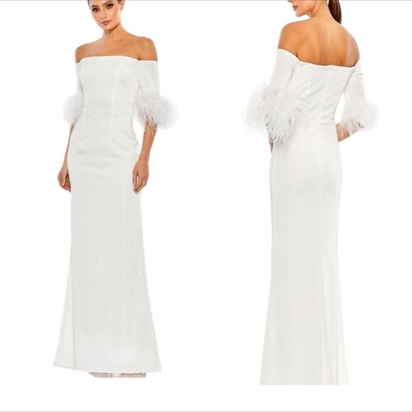 Mac Duggal 11441 White Feather Trim Off The Shoulder Column Gown | Size 10 - Picture 1 of 13